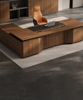Boss Mode Executive Computer Desk For Home Office Large Standing Workstation Blending Retro Charm With Modern Vibes Durable Manager Table shown at an angle with a warm wood finish.