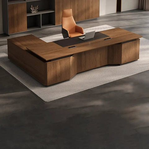 Boss Mode Executive Computer Desk For Home Office Large Standing Workstation Blending Retro Charm With Modern Vibes Durable Manager Table shown at an angle with a warm wood finish.