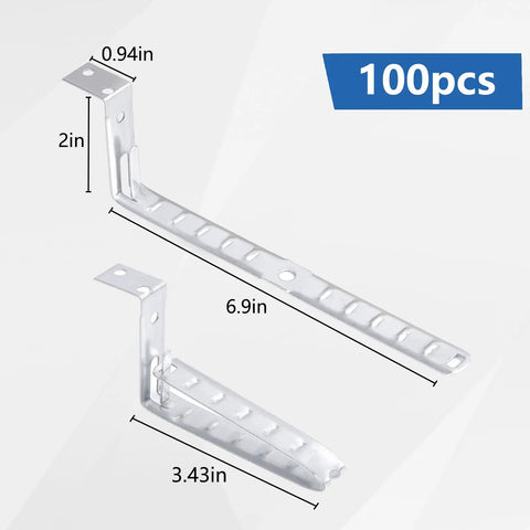 Heavy Duty Wall Mount Cable Support Clamps 100 Pack Galvanized Steel Electrical Brackets With Locking Tab, 6.9in size, showing detailed dimensions.