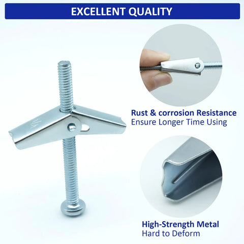 Heavy Duty Drywall Toggle Bolt Set Kit With 28 Pieces In Three Sizes showing metal strength and corrosion resistance.