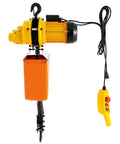 Heavy Duty Electric Chain Hoist Rig Delivering Two Thousand Two Hundred Pounds Of Legit Muscle With A Ten Foot Rise And Powerhouse Motor Paired With Easy Remote Control For No Sweat Workshop Or Barn Jobs. Image showing the hoist, yellow motor, orange bag, and remote control.
