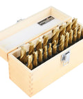 Front view: Accusize 20-piece TiN-coated HSS end mills in wooden case; inch sizes 3/16–3/4, 2F/4F, straight shank