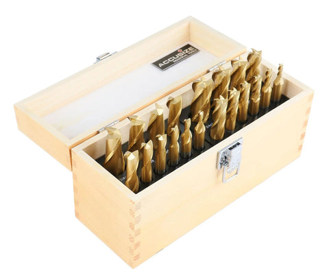 Front view: Accusize 20-piece TiN-coated HSS end mills in wooden case; inch sizes 3/16–3/4, 2F/4F, straight shank