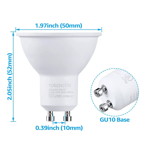 GU10 LED Bulbs Dimmable Pack Of 6, UL Listed, 50W Halogen Equivalent, 500 Lumens, 5000K Daylight with dimensions and GU10 base