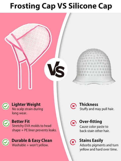 Comparison of frosting cap and silicone cap for DIY At Home Hair Highlight Kit With Bleach Cap Set 19 Tools For Pro Style Highlights