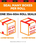 Diagram of sealing methods for heavy duty clear packing tape with refillable dispenser; 2-strip and H-strip for medium boxes.