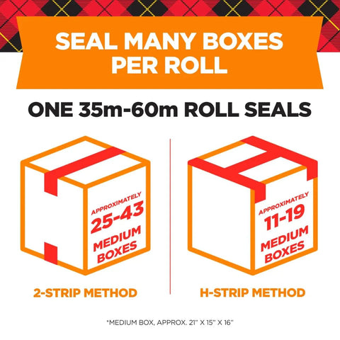 Diagram of sealing methods for heavy duty clear packing tape with refillable dispenser; 2-strip and H-strip for medium boxes.