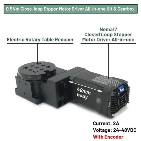 Motorized Rotary Table CNC Hollow Platform Positioner with Nema17 motor, 48mm body, 0.5Nm Closed Loop Stepper Motor Driver