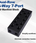 Black aluminum dual-row 5-way 7-port air manifold block for multi port pneumatic manifold for air water and oil distribution
