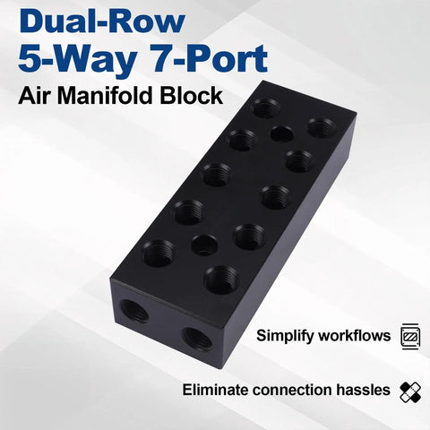 Black aluminum dual-row 5-way 7-port air manifold block for multi port pneumatic manifold for air water and oil distribution