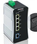 Industrial Four Port Din Rail Gigabit PoE Switch with 90W per port, rugged design, front view showing ports for solar installations.
