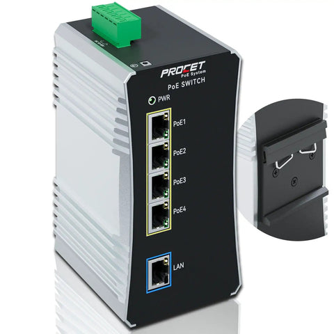 Industrial Four Port Din Rail Gigabit PoE Switch with 90W per port, rugged design, front view showing ports for solar installations.