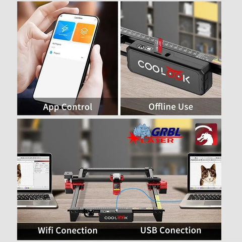 Beast 5.5W Laser Engraver With 300x300mm Work Area High Precision Cutter, showing app control, offline use, and connections options.
