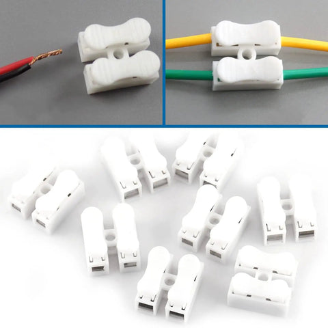 100Pcs Quick Wire Connectors Set, 2 Pin Push In Wire Terminals, 5A 220V White Plastic Shell shown unused and with wires