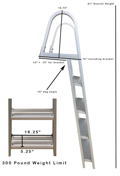 Heavy Duty Aluminum Pontoon Dock Boarding Ladder With Four Wide Steps And 15 Degree Angled Design, tall handrails, 61-inch height