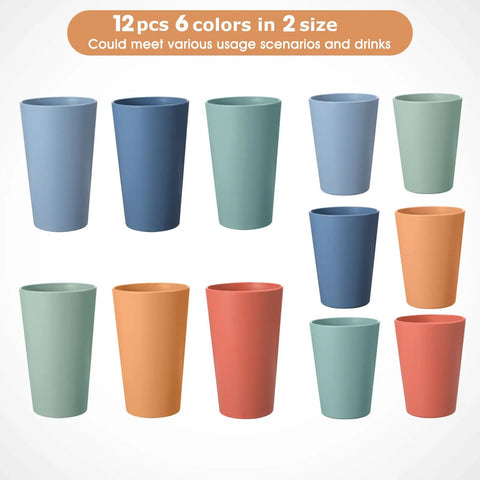 12 Piece Wheat Straw Cups Set With 6 Colorful 12 Oz Cups And 6 Colorful 20 Oz Cups Unbreakable BPA Free Reusable Plastic Drinking Cups