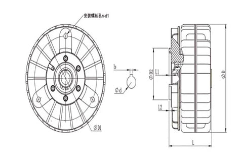 Mechanivis shell rotating hollow-shaft magnetic powder brake, 24V, front and side view schematic