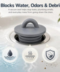 Universal Silicone Drain Plug Set For Bathtub And Bathroom Sink features a gray silicone plug blocking odors and debris in a drain.