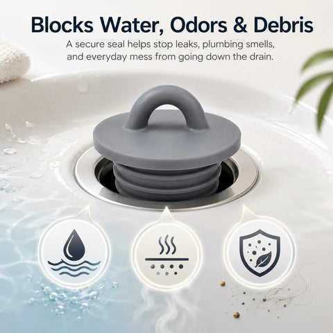 Universal Silicone Drain Plug Set For Bathtub And Bathroom Sink features a gray silicone plug blocking odors and debris in a drain.