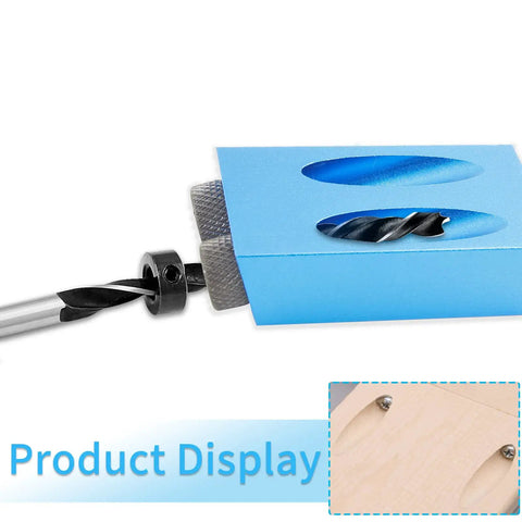 Close-up of blue Pocket Hole Jig Kit For 15 Degree Woodworking, 14 Pcs Set with Drill Guide and bits shown in use on wood.