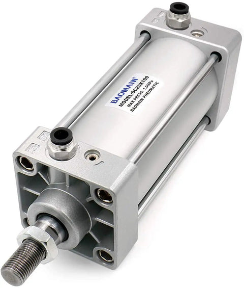Pneumatic Air Cylinder 80mm Bore 100mm Stroke Double Acting Single Rod With M20x1.5 Threaded Rod PT 3/8 Port Includes 2 Push In Fittings