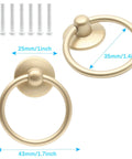 12 Piece Vintage Drop Ring Cabinet Pulls Set In Gold Finish 44mm Outer Diameter Metal Ring Knobs with mounting screws, dimensions shown.
