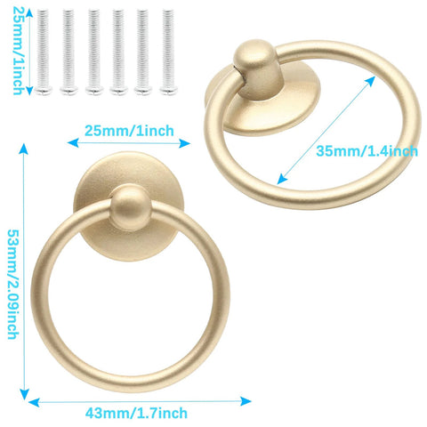12 Piece Vintage Drop Ring Cabinet Pulls Set In Gold Finish 44mm Outer Diameter Metal Ring Knobs with mounting screws, dimensions shown.