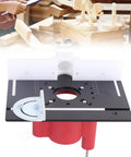 Heavy Duty Router Lift Kit With Smooth Turning Crank Handle And Rust Resistant Aluminum Base Plate For Precision Woodworking and Table Saw Inserts Built Tough, showing black and red router lift with angle gauge.