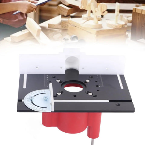 Heavy Duty Router Lift Kit With Smooth Turning Crank Handle And Rust Resistant Aluminum Base Plate For Precision Woodworking and Table Saw Inserts Built Tough, showing black and red router lift with angle gauge.