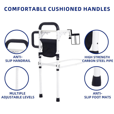 Adjustable Bedside Rail With Storage Pocket For Seniors And Adults showing sturdy steel frame with cushioned handles and anti-slip features
