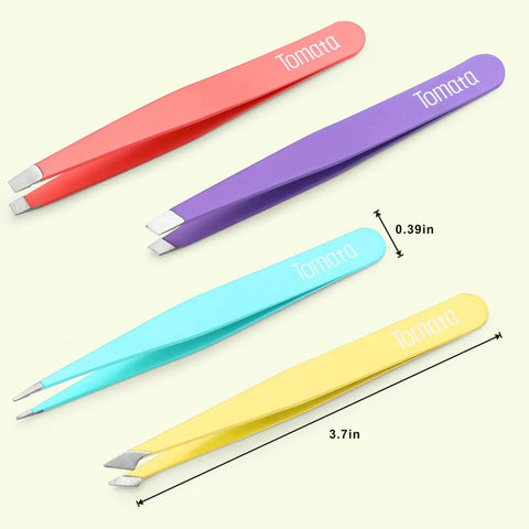 Colorful Pro Grade Eyebrow Tweezer Set Four Piece Slant And Pointed Tips Stainless Steel for Precision Shaping and Hair Removal