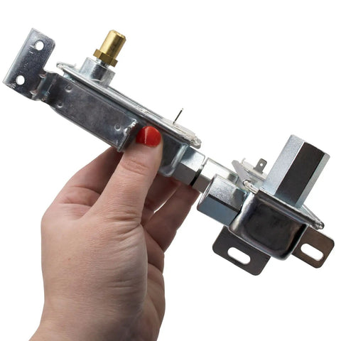 Hand holding Gas Safety Valve Replacement For Range Oven Model Specific Thermal Bimetal Gas Control With Dual Outlets Fits 316404901