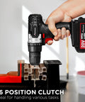 Heavy Duty 20V Cordless Drill And Screwdriver Set With A Smooth 3 8 Inch Chuck, showing 16 position clutch and drill bit in use.