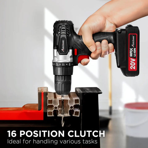 Heavy Duty 20V Cordless Drill And Screwdriver Set With A Smooth 3 8 Inch Chuck, showing 16 position clutch and drill bit in use.