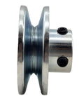 Side view of a Two Point Five Inch Outer Diameter One Groove Web Sheave V Belt Pulley Seven Eighths Bore Carbon Steel Zinc Plated Built Tough Rugged.