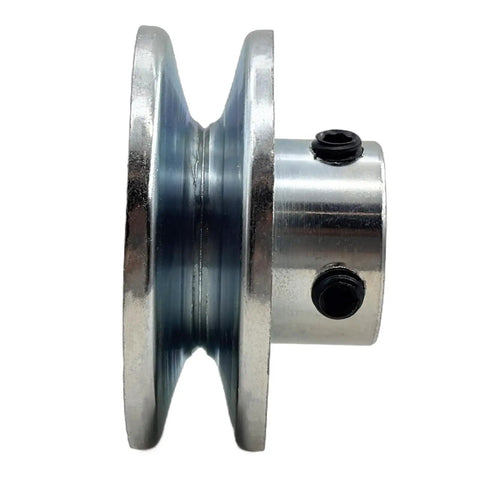 Side view of a Two Point Five Inch Outer Diameter One Groove Web Sheave V Belt Pulley Seven Eighths Bore Carbon Steel Zinc Plated Built Tough Rugged.