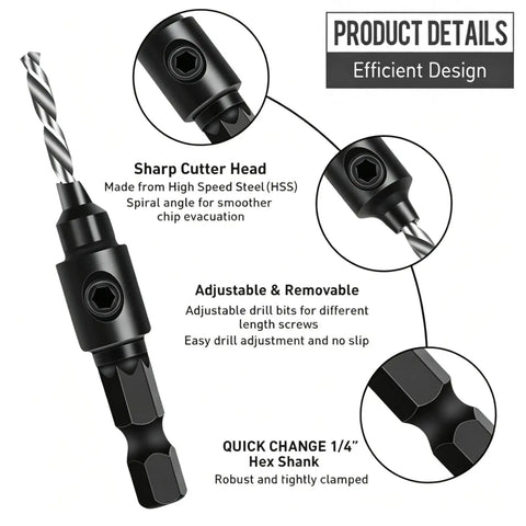 No Hassle Countersink Drill Bit Kit For Woodworking Tools With Adjustable Depth Stop And Quick Release Hex Shank image showing sharp cutter head and adjustable design.