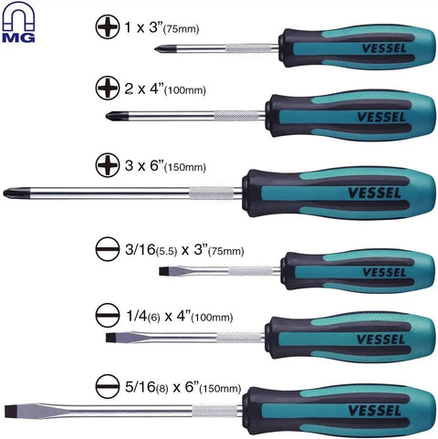 Megadora JawsFit 6-Piece Screwdriver Set With Phillips Tips 1 2 3 5 6 8 Cr-V Alloy Steel Hardened Shank Knurled Grip