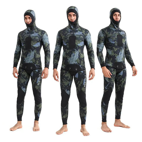 5mm Neoprene Hooded Spearfishing Wetsuit Two Piece Full Body Camouflage Diving Suit For Cool Water Freediving And Hunting, Green XXL.