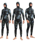 Three models wearing 3mm Neoprene Wetsuit With Hooded Top, Go-To Two-Piece Camouflage Dive Suit For Cool Water Freediving And Spearfishing