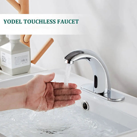Chrome Touchless Bathroom Sink Faucet With Motion Sensor For 1 Or 3 Hole Installations Dual Power Supply in use by hand