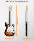 Beginner Electric Guitar Kit 39 Inch Full Size HSS Pickup With 10W Amp Bundle Includes Gig Bag Tuner Capo Strap Extra Strings Cable Picks And More Sunburst shown with dimensions