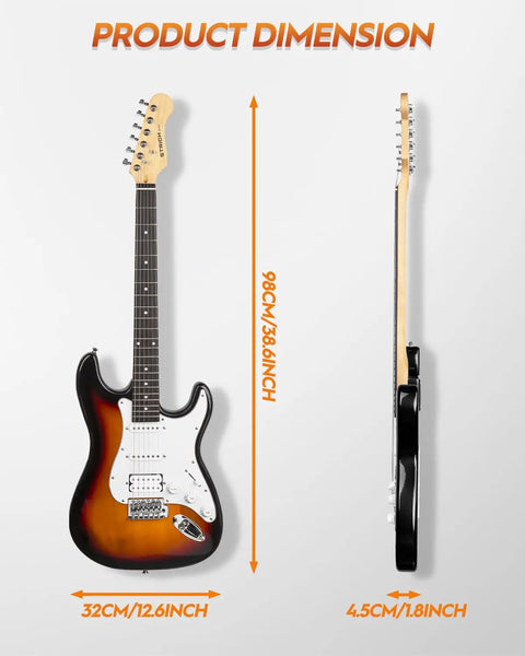 Beginner Electric Guitar Kit 39 Inch Full Size HSS Pickup With 10W Amp Bundle Includes Gig Bag Tuner Capo Strap Extra Strings Cable Picks And More Sunburst shown with dimensions