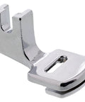 Sewable shirring gathering presser foot, metal chrome finish, side view