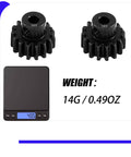 2 Pack 15 Tooth Pinion Gear 32 Pitch Hardened Steel CNC Machined Upgrade For RC Cars And Trucks 15T Pinion Compatible With TRX4 TRX6 Slash Rustler Stampede Mini Maxx XRT displayed with weight of 14 grams.