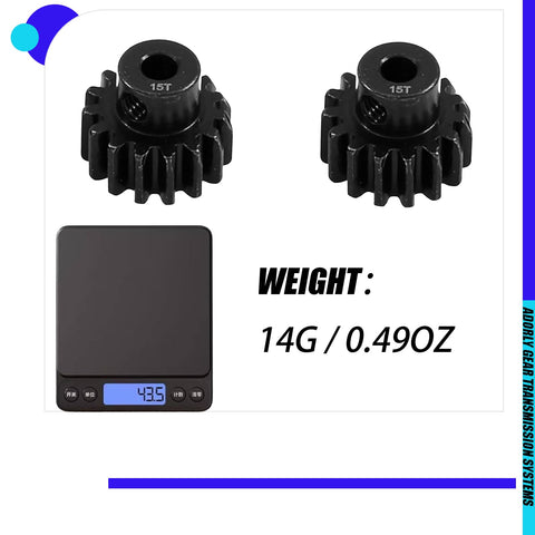 2 Pack 15 Tooth Pinion Gear 32 Pitch Hardened Steel CNC Machined Upgrade For RC Cars And Trucks 15T Pinion Compatible With TRX4 TRX6 Slash Rustler Stampede Mini Maxx XRT displayed with weight of 14 grams.