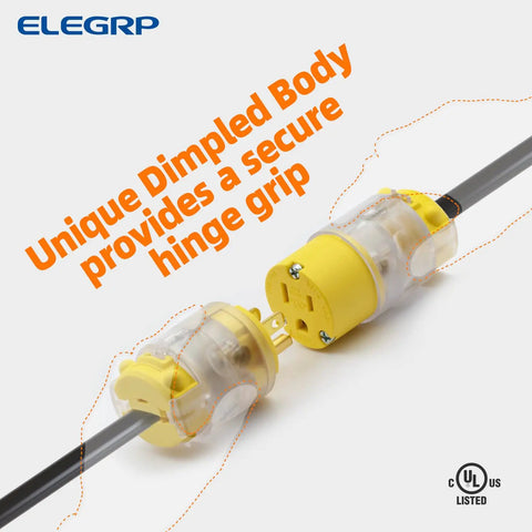 Lighted Straight Blade Electrical Plug And Connector Set 15 Amp 125 Volt NEMA 5 15P NEMA 5 15R 2 Pole 3 Wire Grounding Commercial Grade Yellow Replacement End For Heavy Duty Use