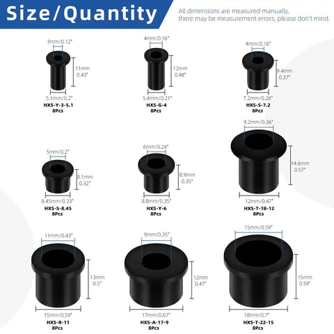 Diagram showing sizes of 72 Piece Rubber Grommet Set T Type Small Top Hat Grommets Waterproof For Wire Holes Automotive Firewall.