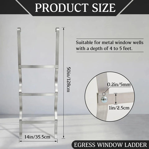 Aluminum Egress Window Well Ladder 3 Step With Hook, Basement Escape Ladder Fits 4-5 Ft Window Wells, 50in height, 14in width
