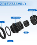 Exploded view of 5 Pack PG29 Cable Glands Adjustable 18 To 25mm PA6 Nylon IP68 Waterproof Connectors With Seals in black.